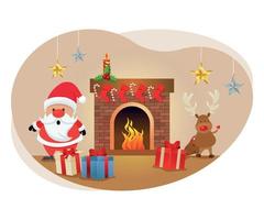 Santa and reindeer with christmas gift illustration. vector