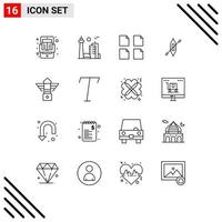 16 User Interface Outline Pack of modern Signs and Symbols of light ship toronto kayak boat Editable Vector Design Elements