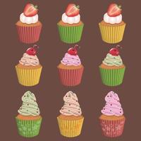 A set of cupcakes decorated with cream and fruit vector