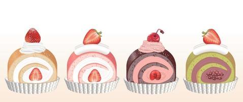 A set of swiss rolls in different flavors decorated with fruits and cream vector