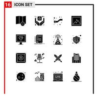 16 Universal Solid Glyphs Set for Web and Mobile Applications certificate pulse intersection monitor picture Editable Vector Design Elements