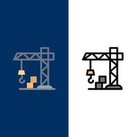 iconos de grúa de construcción de arquitectura plano y conjunto de iconos llenos de línea vector fondo azul