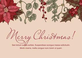 Merry Christmas and Happy New Year horizontal greeting card with hand drawn poinsettia flowers and mistletoe brunch. Festive colorful background. Vector illustration in sketch style