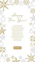 Merry Christmas and Happy New Year vertical greeting card with hand drawn golden five pointed stars and snowflakes. Vector illustration in sketch style. Social media stories template