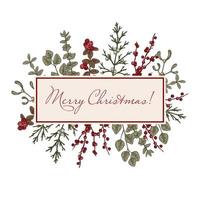 Merry Christmas and Happy New Year label. Vector illustration in sketch style. Vintage botany frame