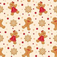 Winter Christmas seamless pattern with Gingerbread man and woman with snowflake cookies. vector