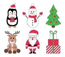 colección navideña de lindos personajes y elementos. santa claus, reno, pingüino, muñeco de nieve, árbol, cajas de regalo. vector