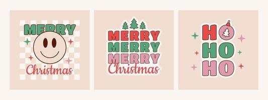 Ho ho ho and Merry Christmas groovy posters in trendy hippie retro 1970s style. Santa Claus messages. vector