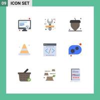 9 User Interface Flat Color Pack of modern Signs and Symbols of company business acorn road cone Editable Vector Design Elements