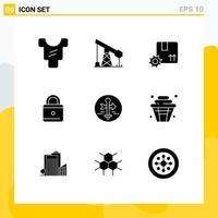 Pictogram Set of 9 Simple Solid Glyphs of map pointer guide premium product board lock Editable Vector Design Elements