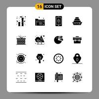 Group of 16 Solid Glyphs Signs and Symbols for drum vessel medical folder liner security Editable Vector Design Elements