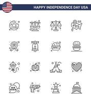 16 iconos creativos de estados unidos signos de independencia modernos y símbolos del 4 de julio de la policía de ubicación de pelota estadounidense que investiga elementos de diseño de vectores editables del día de estados unidos