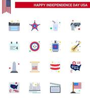 Group of 16 Flats Set for Independence day of United States of America such as date calender cola weapon security Editable USA Day Vector Design Elements