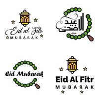 conjunto de 4 vectores eid mubarak feliz eid para ti en estilo de caligrafía árabe escritura rizada con estrellas lámpara luna