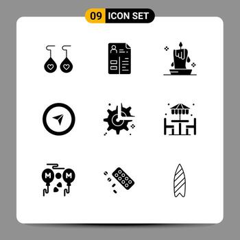 Group of 9 Solid Glyphs Signs and Symbols for wheel gear candle pointer cursor Editable Vector Design Elements