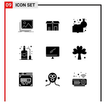 Pack of 9 Modern Solid Glyphs Signs and Symbols for Web Print Media such as computer bottle shopping alcohol learning chemistry Editable Vector Design Elements