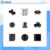 Pack of 9 creative Solid Glyphs of technical customer view success setting Editable Vector Design Elements