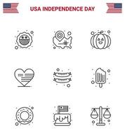 Stock Vector Icon Pack of American Day 9 Line Signs and Symbols for frankfurter flag location pin american heart Editable USA Day Vector Design Elements