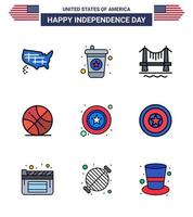 9 signos de línea plana llena de estados unidos símbolos de celebración del día de la independencia de los hombres estrella construyendo elementos de diseño de vector de día de estados unidos editables de bola de estados unidos