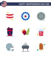conjunto de 9 iconos del día de ee.uu. símbolos americanos signos del día de la independencia para juego de botella estadounidense bebida de ee.uu. elementos de diseño de vector de día de ee.uu. editables