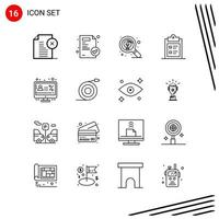 Collection of 16 Vector Icons in Line style. Pixle Perfect Outline Symbols for Web and Mobile. Line Icon Signs on White Background. 16 Icons.