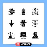 9 Universal Solid Glyphs Set for Web and Mobile Applications speaker down french arrow solution Editable Vector Design Elements