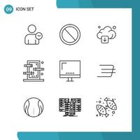 Vector Pack of 9 Outline Symbols. Line Style Icon Set on White Background for Web and Mobile.