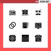 Group of 9 Modern Solid Glyphs Set for sketch notebook couple visual wedding moustache Editable Vector Design Elements