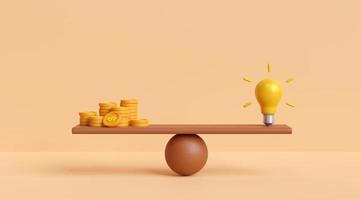 Ideas vs coins on scales, weights with light bulbs, and dollar coins. creativity Creating innovative investment plans to generate profits from the business. 3D rendering illustration photo