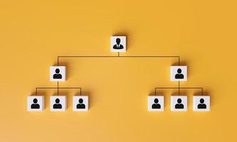 Human icon on square cube with line connecting position diagram. Concept of organizational structure, position chart, organizational management and human resource management. 3D rendering illustration photo