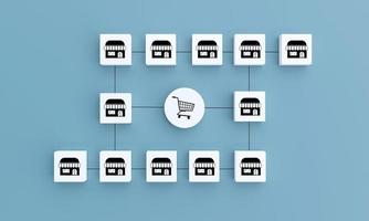 concept of Franchise business marketing system, Service Shop Business Planning Strategies Store network expansion. structure square cube with store icon. 3D rendering illustration photo
