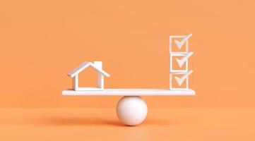 Home vs check mark on scales. Home certification standards, inspections, approvals, home inspection security, checklists. 3D rendering illustration photo