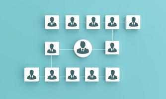 Human icon on square cube with line connecting position diagram. Concept of organizational structure, position chart, organizational management and human resource management. 3D rendering illustration photo