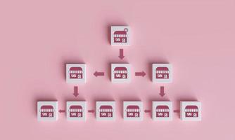 concept of Franchise business marketing system, Service Shop Business Planning Strategies Store network expansion. structure square cube with store icon. 3D rendering illustration photo