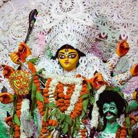 Goddess Durga with traditional look in close up view at a South Kolkata Durga Puja, Durga Puja Idol, A biggest Hindu Navratri festival in India photo