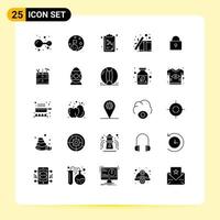 25 Thematic Vector Solid Glyphs and Editable Symbols of lock surprise education present gift Editable Vector Design Elements