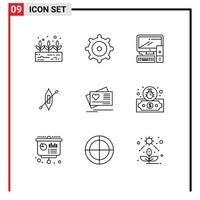 Pack of 9 Modern Outlines Signs and Symbols for Web Print Media such as payment wedding boat heart card Editable Vector Design Elements
