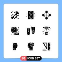 Pack of 9 Modern Solid Glyphs Signs and Symbols for Web Print Media such as marine diving hierarchy live update clock Editable Vector Design Elements