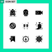 Universal Icon Symbols Group of 9 Modern Solid Glyphs of wine drink cam cd music Editable Vector Design Elements