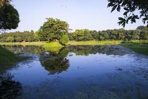 Natural landscape view Reflection of trees in the lake water against blue sky photo