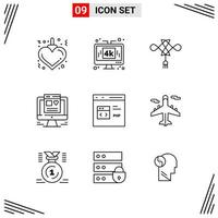 9 Icons Line Style. Grid Based Creative Outline Symbols for Website Design. Simple Line Icon Signs Isolated on White Background. 9 Icon Set. vector