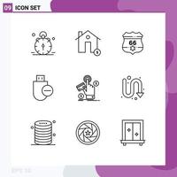 Pack of 9 Modern Outlines Signs and Symbols for Web Print Media such as remove devices estate computers usa Editable Vector Design Elements