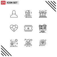 Pack of 9 Modern Outlines Signs and Symbols for Web Print Media such as movie tickets cinema tickets office romantic favorite Editable Vector Design Elements