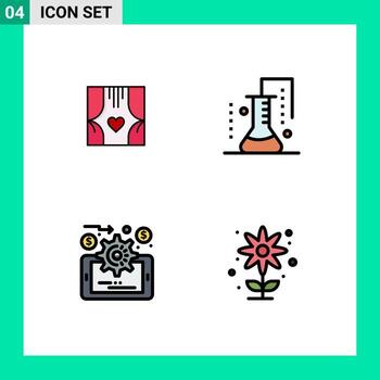 4 colores planos universales de línea de relleno establecidos para la ventana de aplicaciones web y móviles investigación científica amor química gestión de datos elementos de diseño vectorial editables vector