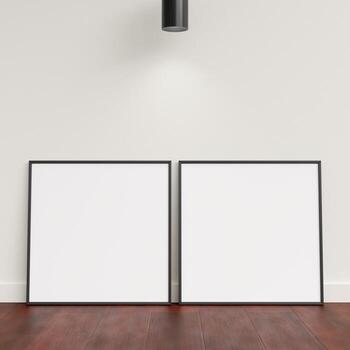 Minimal poster picture frame mockup leanings against the white wall. Blank frame mockup. Clean, modern, minimal frame. 3d rendering. photo