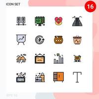 16 concepto de línea rellena de color plano para sitios web móviles y aplicaciones ecología tablero de corazón de rendimiento elementos de diseño de vector creativo editable americano