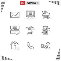 Pack of 9 Modern Outlines Signs and Symbols for Web Print Media such as summer bench spa umbrella message Editable Vector Design Elements