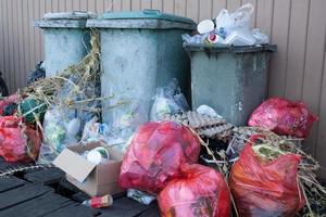 montones de desechos domésticos que exceden la capacidad de los botes de basura por lo que huelen mal foto