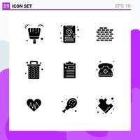 Solid Glyph Pack of 9 Universal Symbols of call test bricks clipboard garbage Editable Vector Design Elements