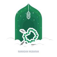 Ramadan Kareem islamic design crescent moon and mosque dome silhouette with arabic pattern and calligraphy vector